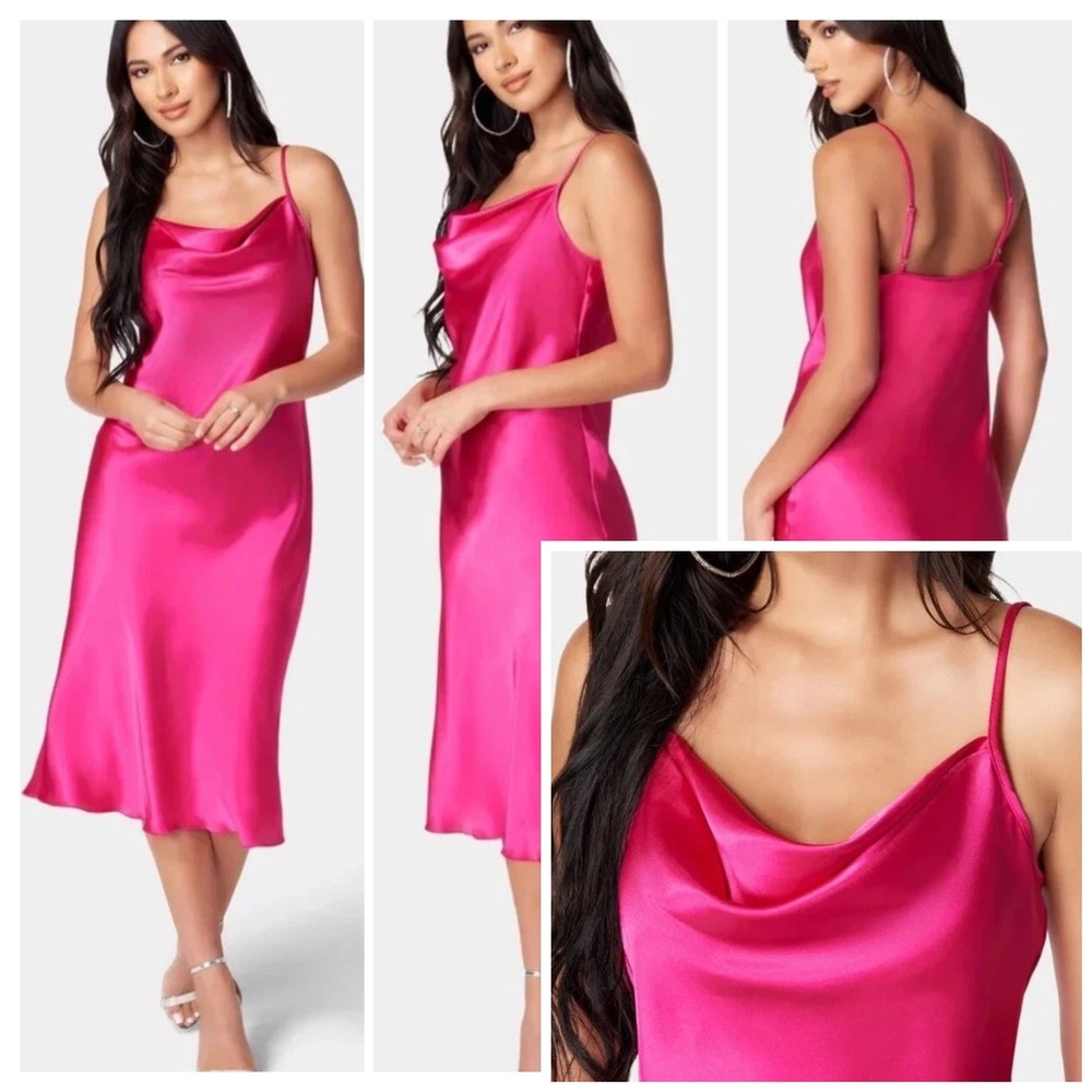 Y2k Bebe Satin Slip Dress S Fuchisa Hot Pink Drape Whimsigoth Coquette Dopamine